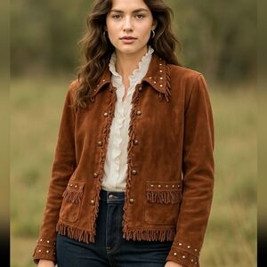 Montanaco Genuine Suede Fringe Leather Jacket M Western Boho Cowgirl Studded